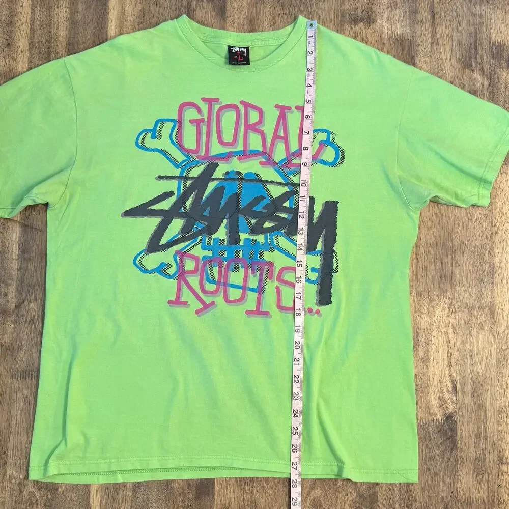 VTG Stussy Shirt Global Roots VTG Skull Crossbones Lime Green Men’s Size Large
